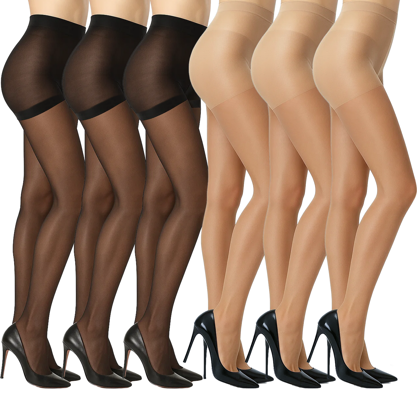 WQD 6 Pairs Women's Sheer Tights Ultra Thin High Waist Pantyhose Control Top Thigh High Stockings for Work Office Casual Party Everyday Outfits