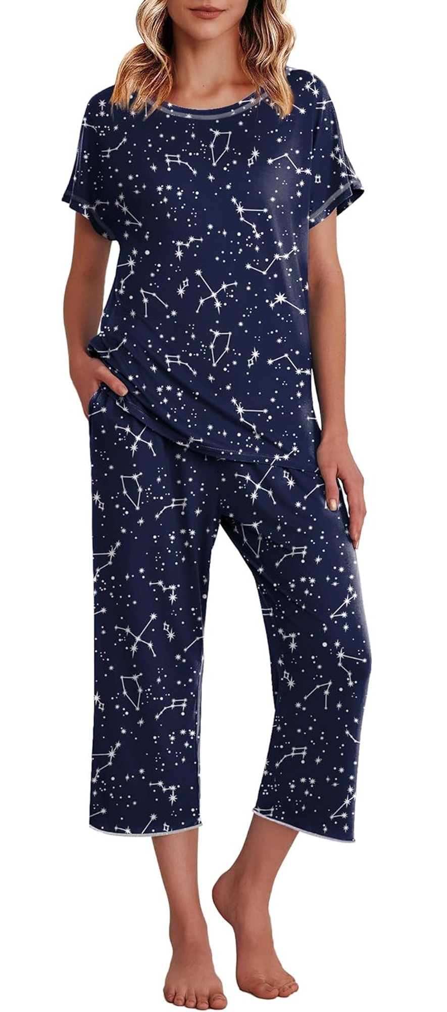 WQD Womens Pajama Sets Pj Set Floral Print Short Short Sleeve Top With Capri Pants Sleepwear 2 Piece Loungewear with Pockets