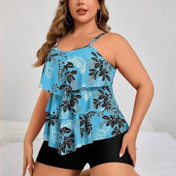 Plus Size Tankini Swimsuits for Women Tummy Control 2 Piece Bathing Suit Ruffle Flounce Swim Top with Boyshorts Modest Floral Swimwear