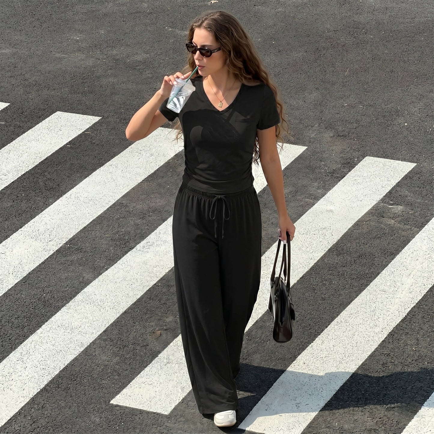 WQD Womens 2 Piece Set Outfits Lounge Sets Ruched Short Sleeve Tops High Waisted Wide Leg Pants Tracksuit Sets