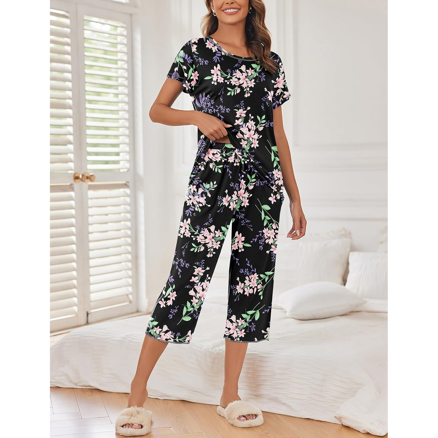 WQD Womens Pajama Sets Pj Set Floral Print Short Short Sleeve Top With Capri Pants Sleepwear 2 Piece Loungewear with Pockets