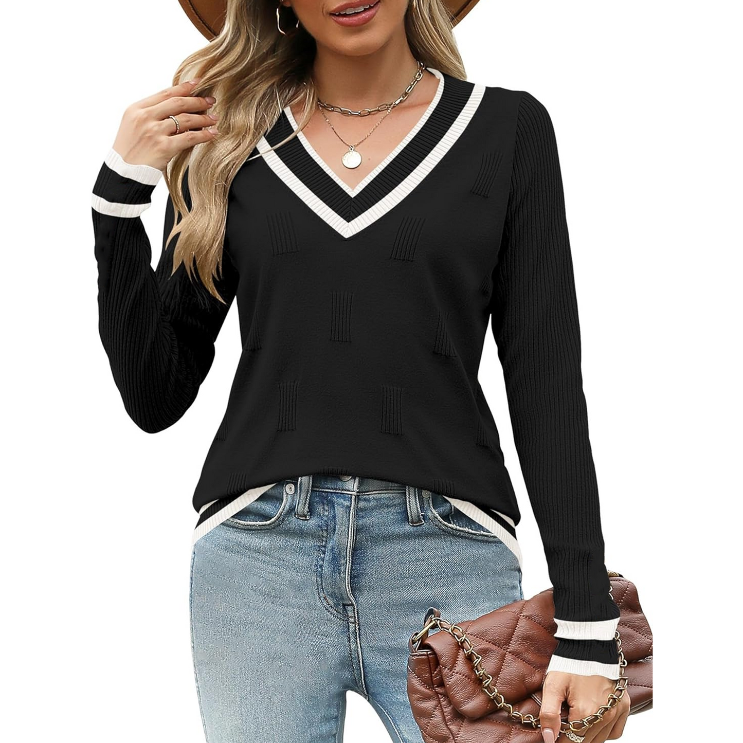 WQD Womens Sweaters V Neck Pullover Long Sleeve Knitted Cozy Dressy Casual Ladies Fashion Tops for Spring Fall Winter