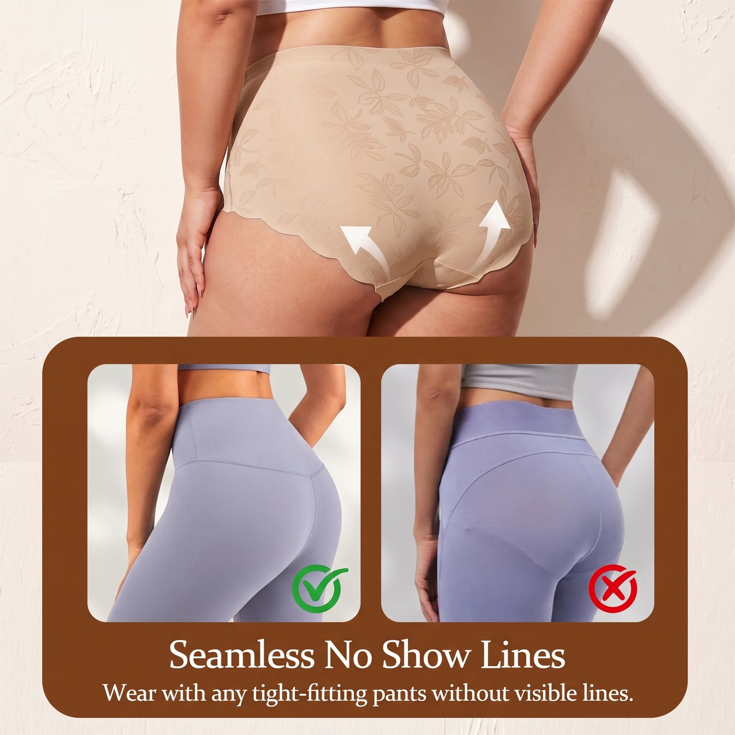 WQD 2 Pack Women's High Waisted Seamless Panties Tummy Control Full Coverage No Show Underwear Soft Stretch Breathable Invisible Briefs Floral Jacquard Everyday Panties M-4XL Plus Size