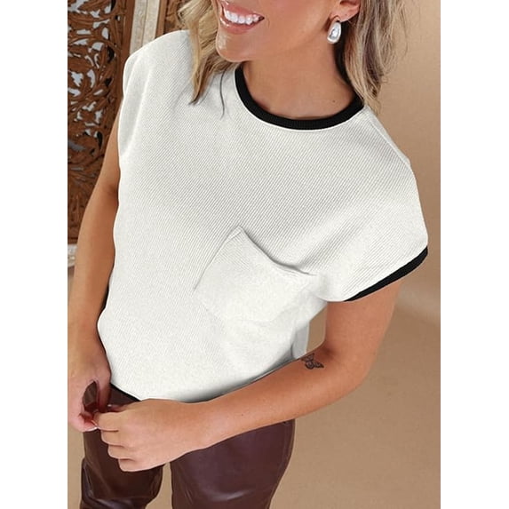 WQD Women’s Short Sleeve Crewneck T Shirt Color Block Ribbed Knit Top Casual Summer Blouse with Pocket