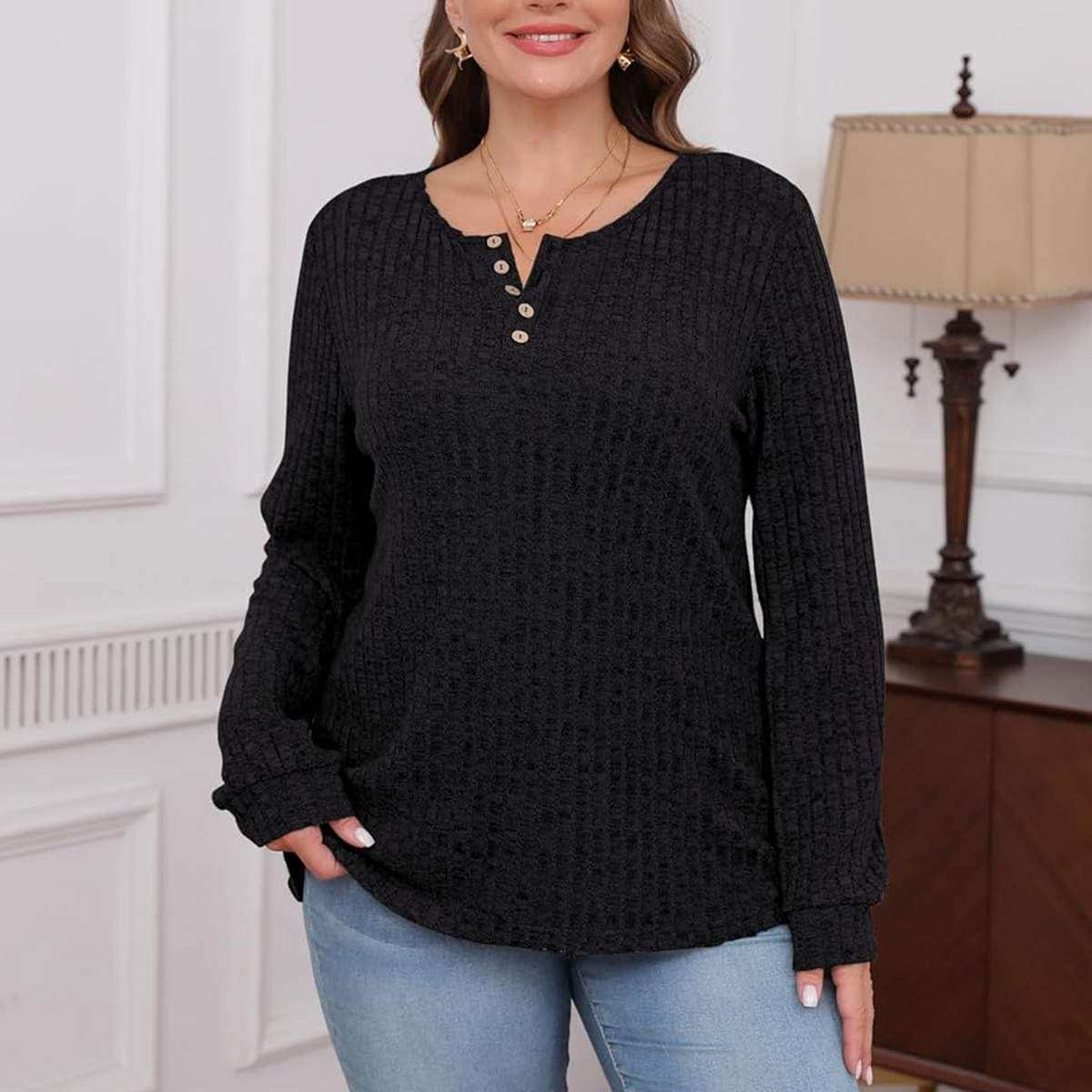 WQD Womens Sweater Long Sleeve Henley Shirts Loose Tunic Tops Casual Pullover Trendy Outfits for Fall Winter Spring (Available in Plus Size)