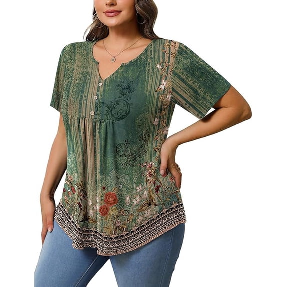 Womens Plus Size Tunic Tops Summer Short Sleeve V Neck Floral Blouse Casual Loose Fit Pleated Button Down Dressy T Shirts for Work, Travel & Everyday Wear