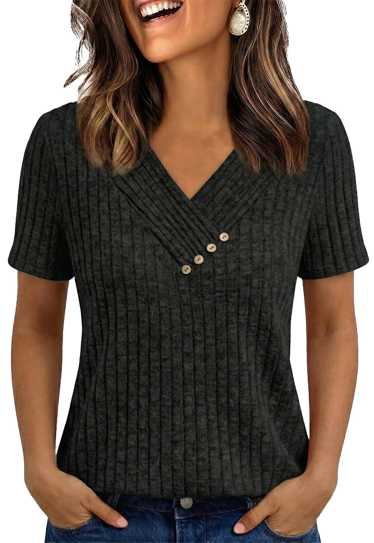 WQD Womens Summer Short Sleeve V Neck Tops Casual Tunic Shirts Button Detail Loose Fit T Shirts for Work Daily Wear Vacation