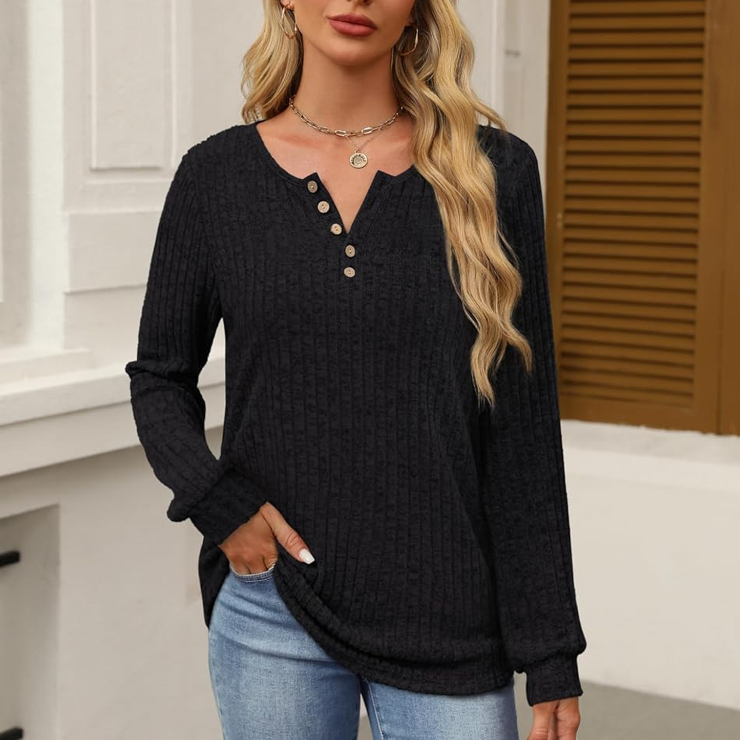 WQD Womens Sweater Long Sleeve Henley Shirts Loose Tunic Tops Casual Pullover Trendy Outfits for Fall Winter Spring (Available in Plus Size)