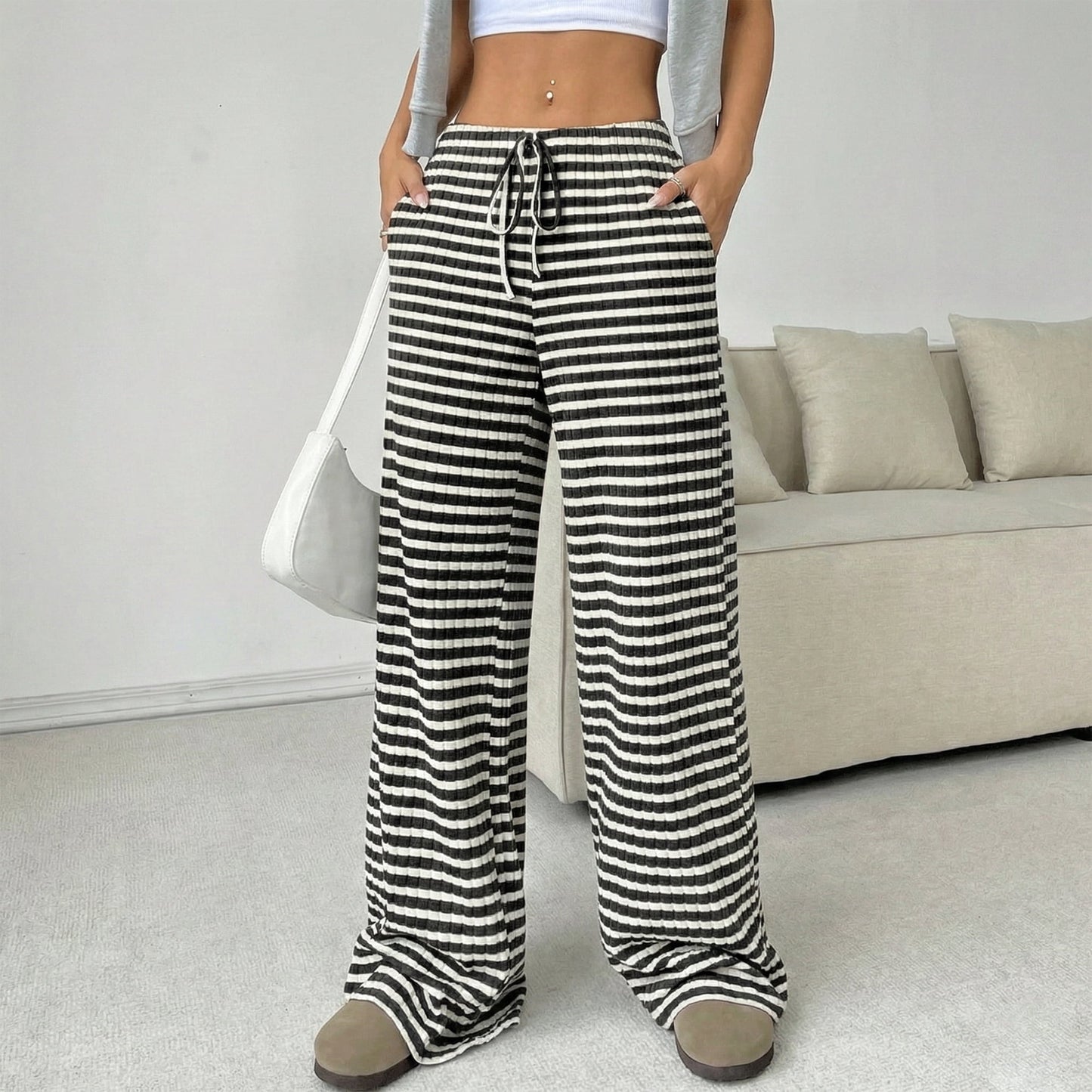 Women’s Wide Leg Palazzo Pants High Waisted Striped Knit Lounge Pants Elastic Waist Drawstring Casual Pajama Trousers