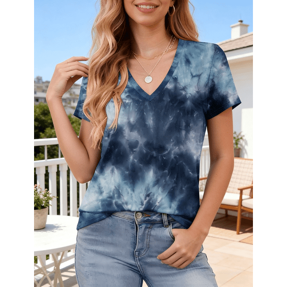 WQD Womens Short Sleeve V Neck T Shirts Casual Tie Dye Tops Loose Fit Basic Summer Tee Trendy Printed Blouse