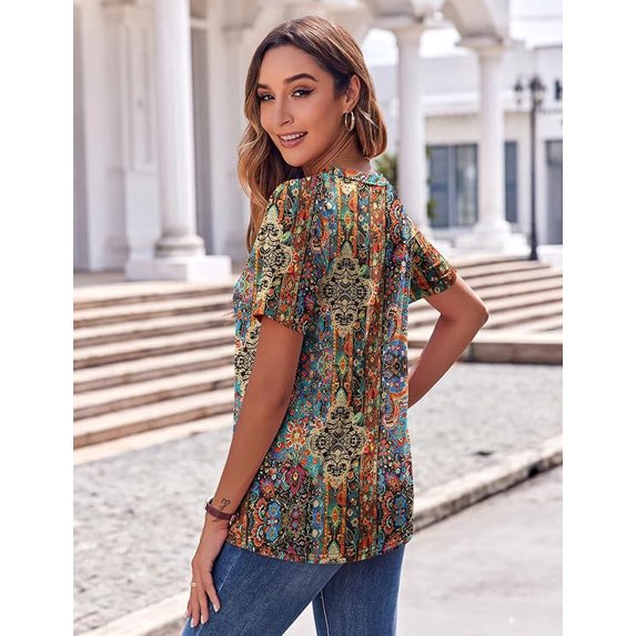WQD Women’s Summer V Neck Blouse Short Sleeve Floral Print Top Casual Loose Fit Business Dressy Work Shirt
