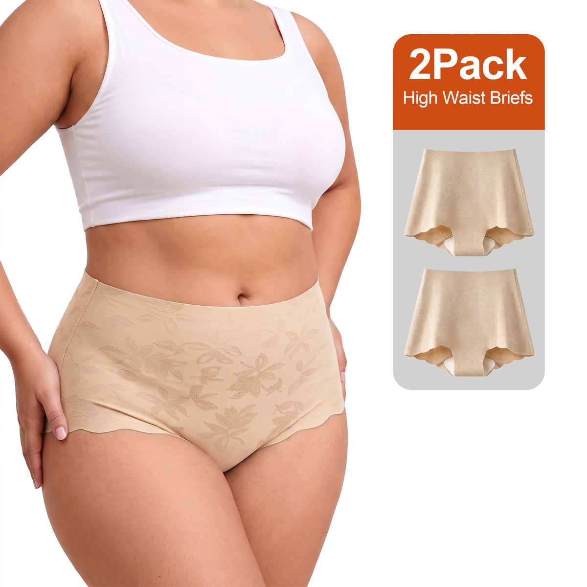 WQD 2 Pack Women's High Waisted Seamless Panties Tummy Control Full Coverage No Show Underwear Soft Stretch Breathable Invisible Briefs Floral Jacquard Everyday Panties M-4XL Plus Size