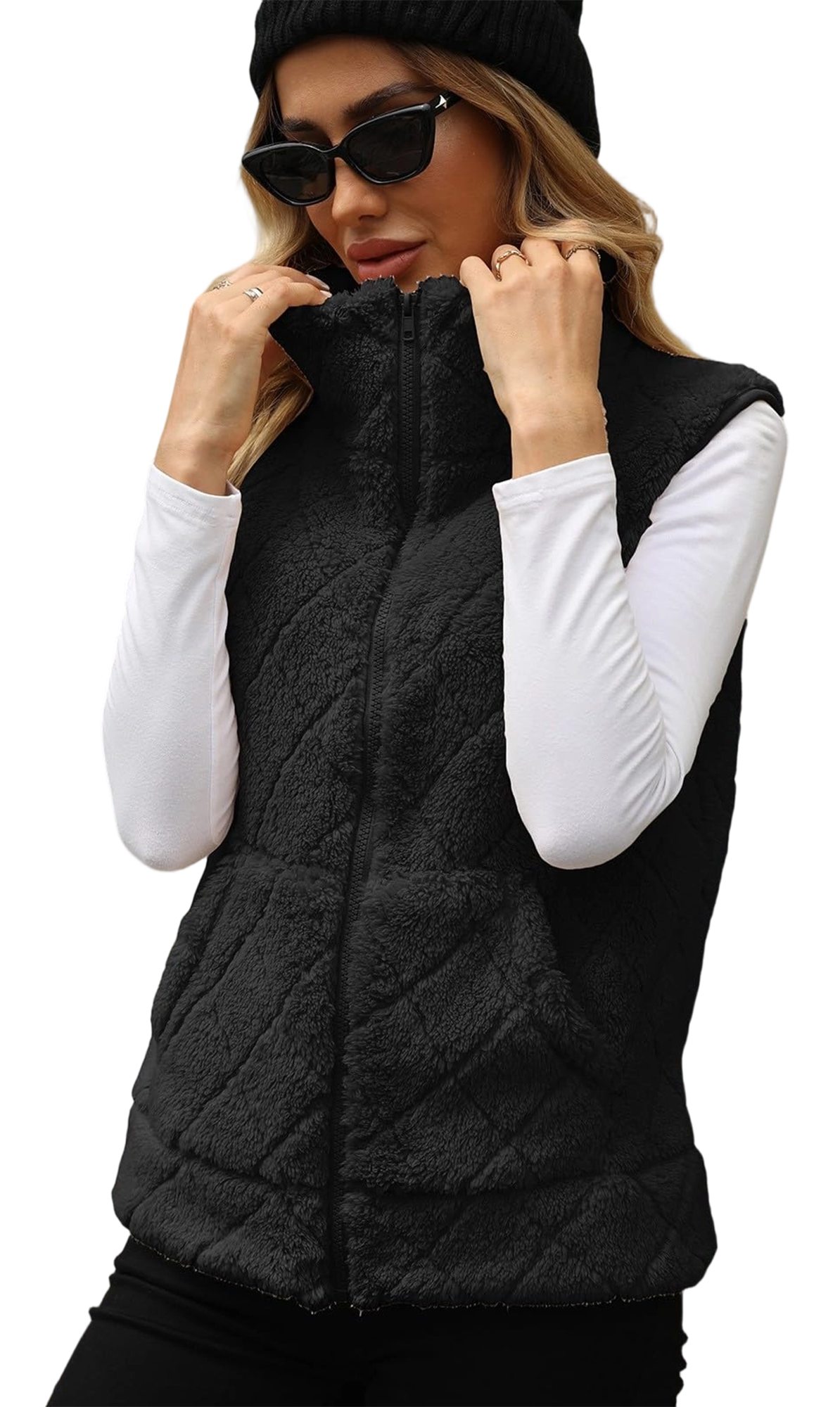 WQD Womens Fuzzy Fleece Vest Casual Sleeveless Zip Up Warm Sherpa Vest Jacket Cozy Waistcoat Outerwear with Pockets for Fall Winter Spring