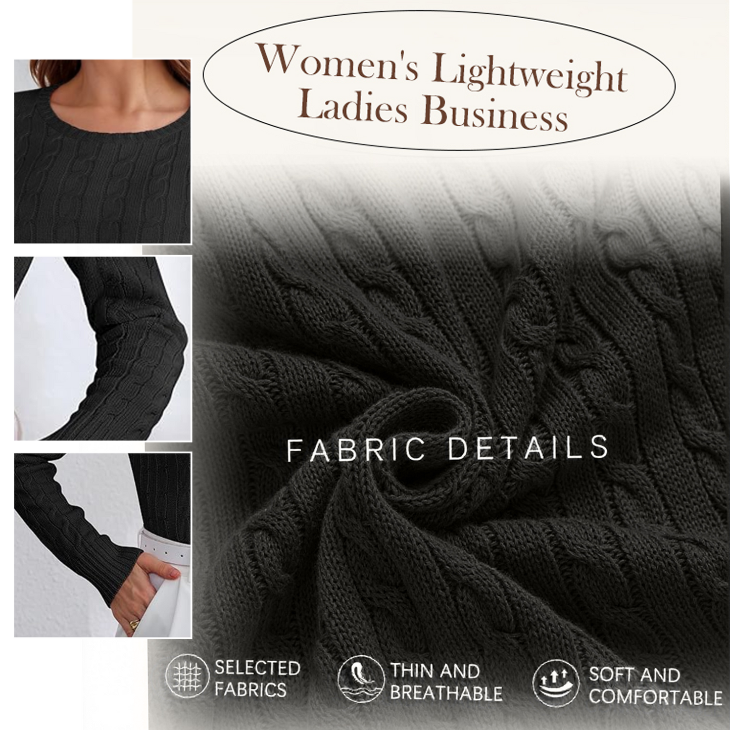 WQD Womens Sweaters Crew Neck Pullover Long Sleeve Cable Knitted Cozy Dressy Casual Ladies Fashion Tops Soft Business Trendy Classic Outfits for Spring Fall Winter