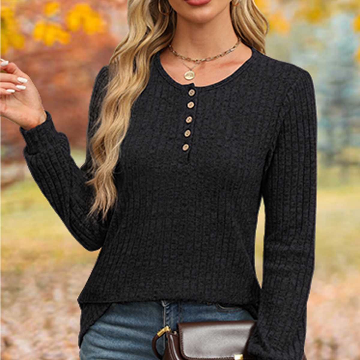 WQD Womens Sweater Long Sleeve Henley Shirts Loose Tunic Tops Casual Pullover Trendy Outfits for Fall Winter Spring (Available in Plus Size)