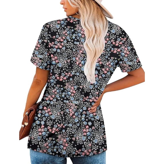 Women’s Short Sleeve Floral Tops Summer Casual Loose Fit Tunic Shirts Button Detail Flowy Blouses for Leggings Jeans Daily Wear