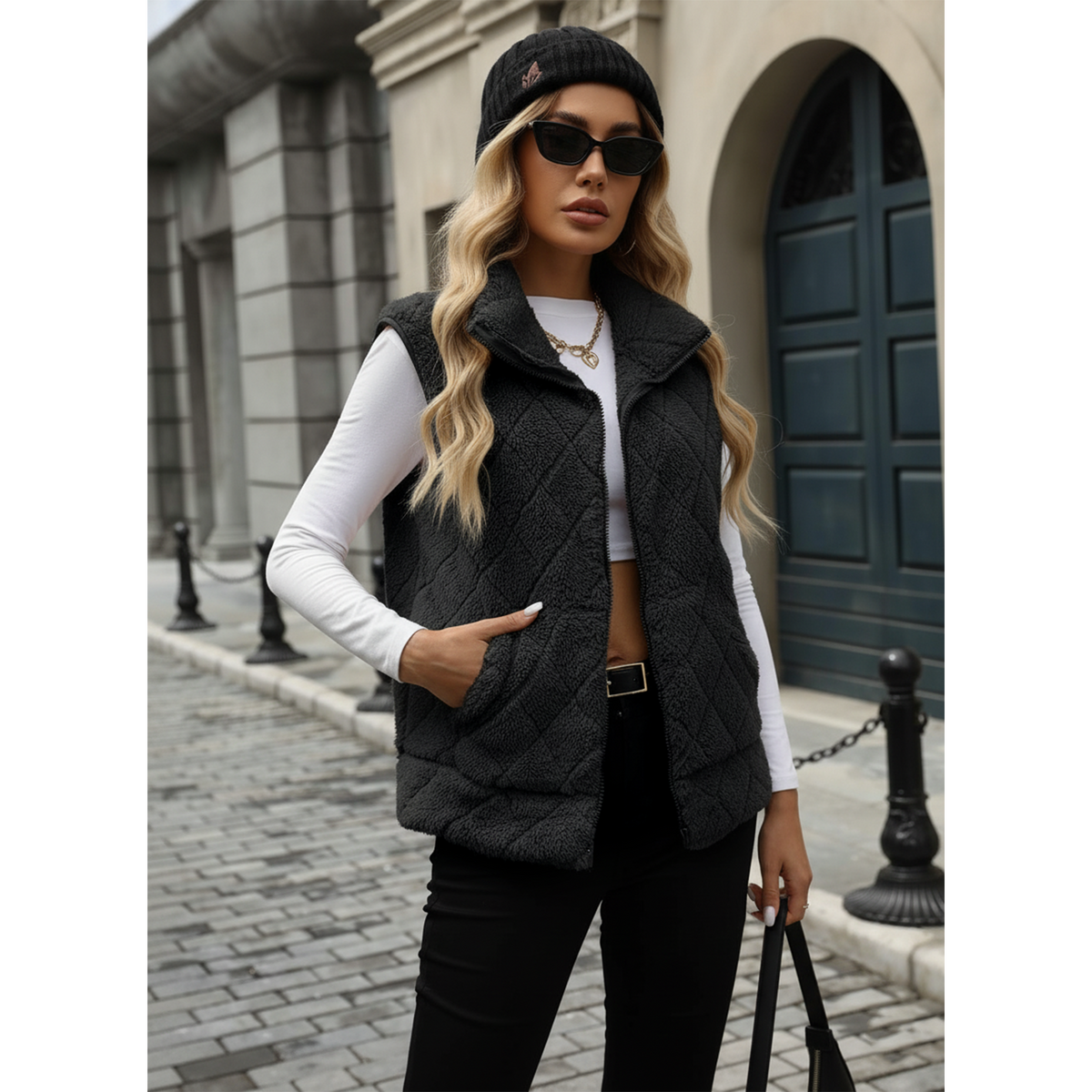 WQD Womens Fuzzy Fleece Vest Casual Sleeveless Zip Up Warm Sherpa Vest Jacket Cozy Waistcoat Outerwear with Pockets for Fall Winter Spring