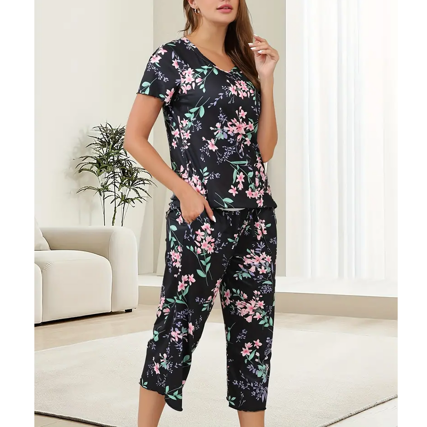 WQD Womens Pajama Sets Pj Set Floral Print Short Short Sleeve Top With Capri Pants Sleepwear 2 Piece Loungewear with Pockets