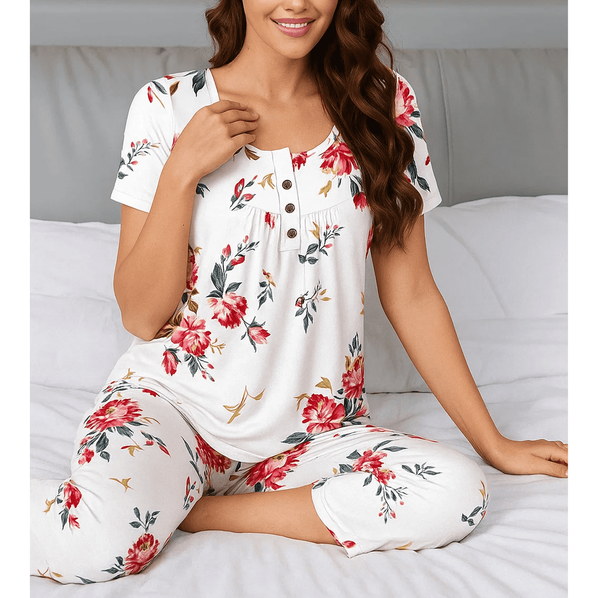 WQD Womens Pajama Sets 2 Piece Lounge Sets Soft Loungewear Comfy Pj Sets Henley Neck Short Sleeve Top and Capri Pants Loose Sleepwear with Pockets
