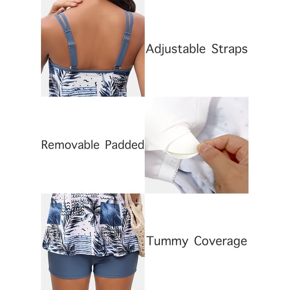 Women Two Piece Tankini Swimsuit Tummy Control Long Torso Top and High Waisted Boyshorts Bathing Suits