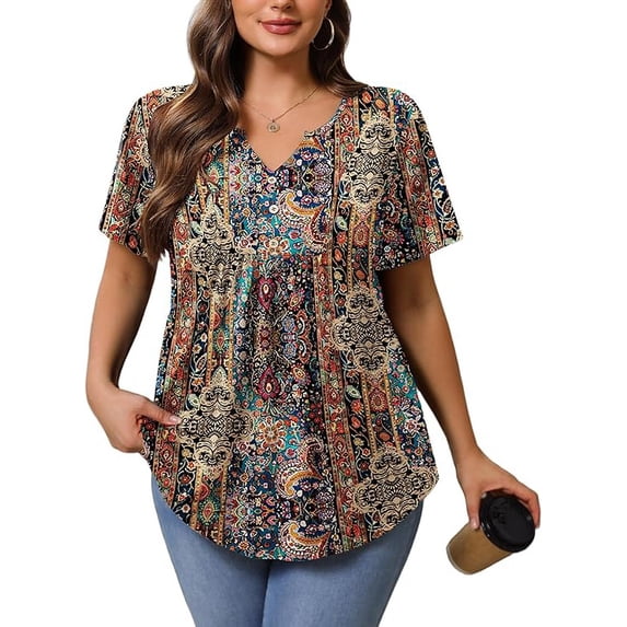 Womens Plus Size Tunic Tops Summer Short Sleeve V Neck Floral Blouse Casual Loose Fit Pleated Button Down Dressy T Shirts for Work, Travel & Everyday Wear