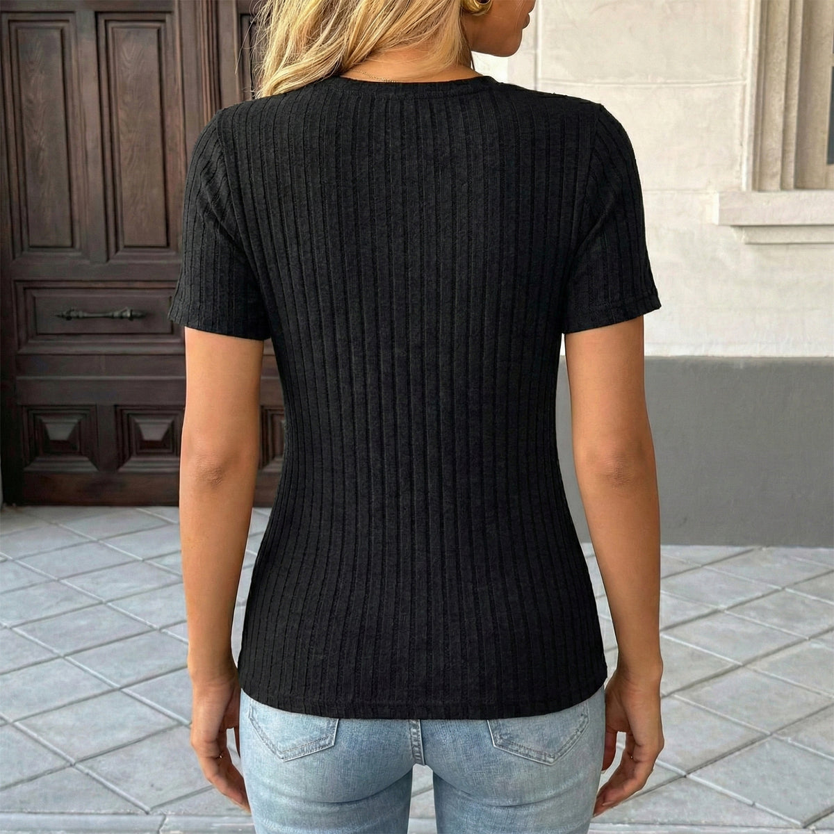 WQD Womens Summer Short Sleeve V Neck Tops Casual Tunic Shirts Button Detail Loose Fit T Shirts for Work Daily Wear Vacation