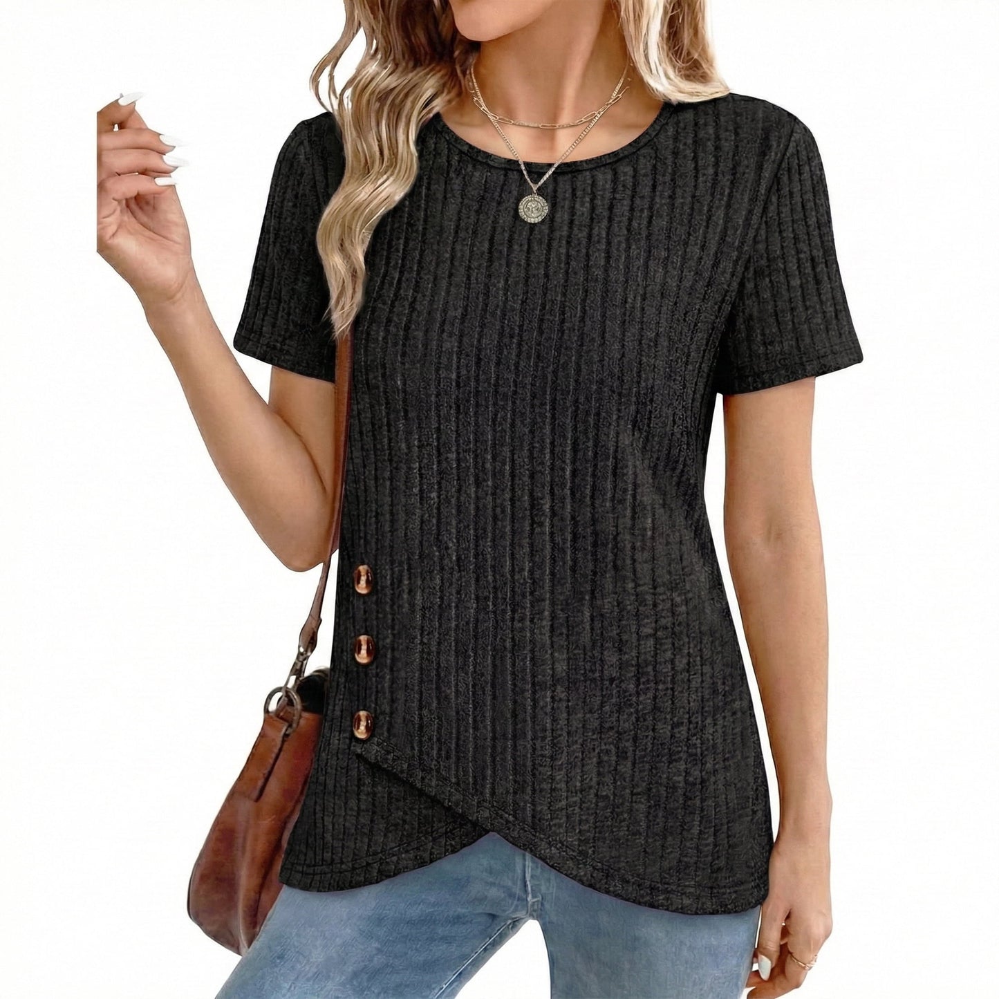 Womens Summer Tunic Tops Short Sleeve Crew Neck Casual Shirts Button Detail Loose Fit T Shirts for Daily Wear Vacation