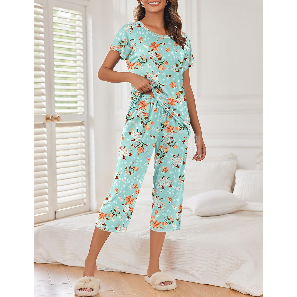 WQD Womens Pajama Sets Pj Set Floral Print Short Short Sleeve Top With Capri Pants Sleepwear 2 Piece Loungewear with Pockets