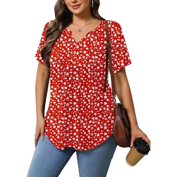 Womens Plus Size Tunic Tops Summer Short Sleeve V Neck Floral Blouse Casual Loose Fit Pleated Button Down Dressy T Shirts for Work, Travel & Everyday Wear