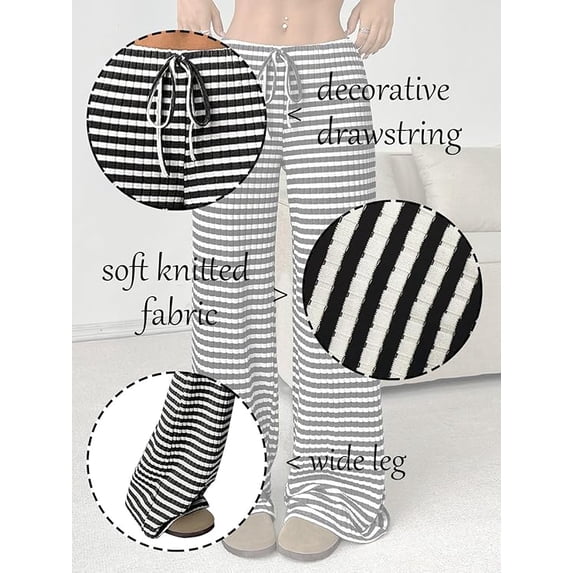 Women’s Wide Leg Palazzo Pants High Waisted Striped Knit Lounge Pants Elastic Waist Drawstring Casual Pajama Trousers