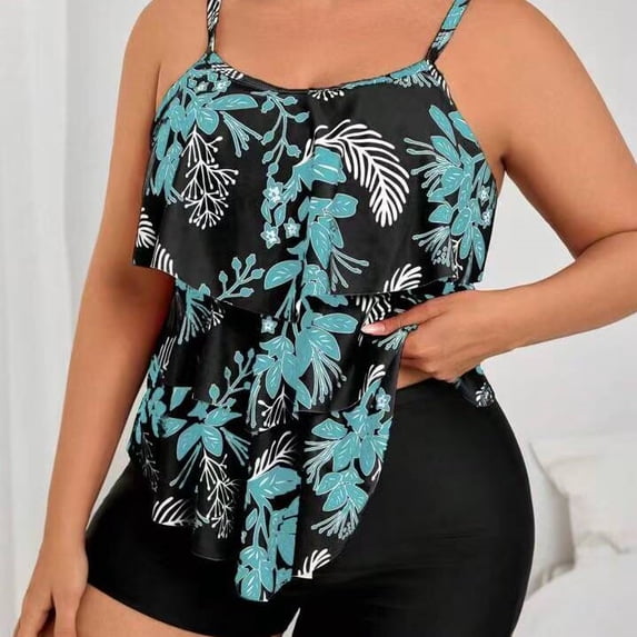 Plus Size Tankini Swimsuits for Women Tummy Control 2 Piece Bathing Suit Ruffle Flounce Swim Top with Boyshorts Modest Floral Swimwear