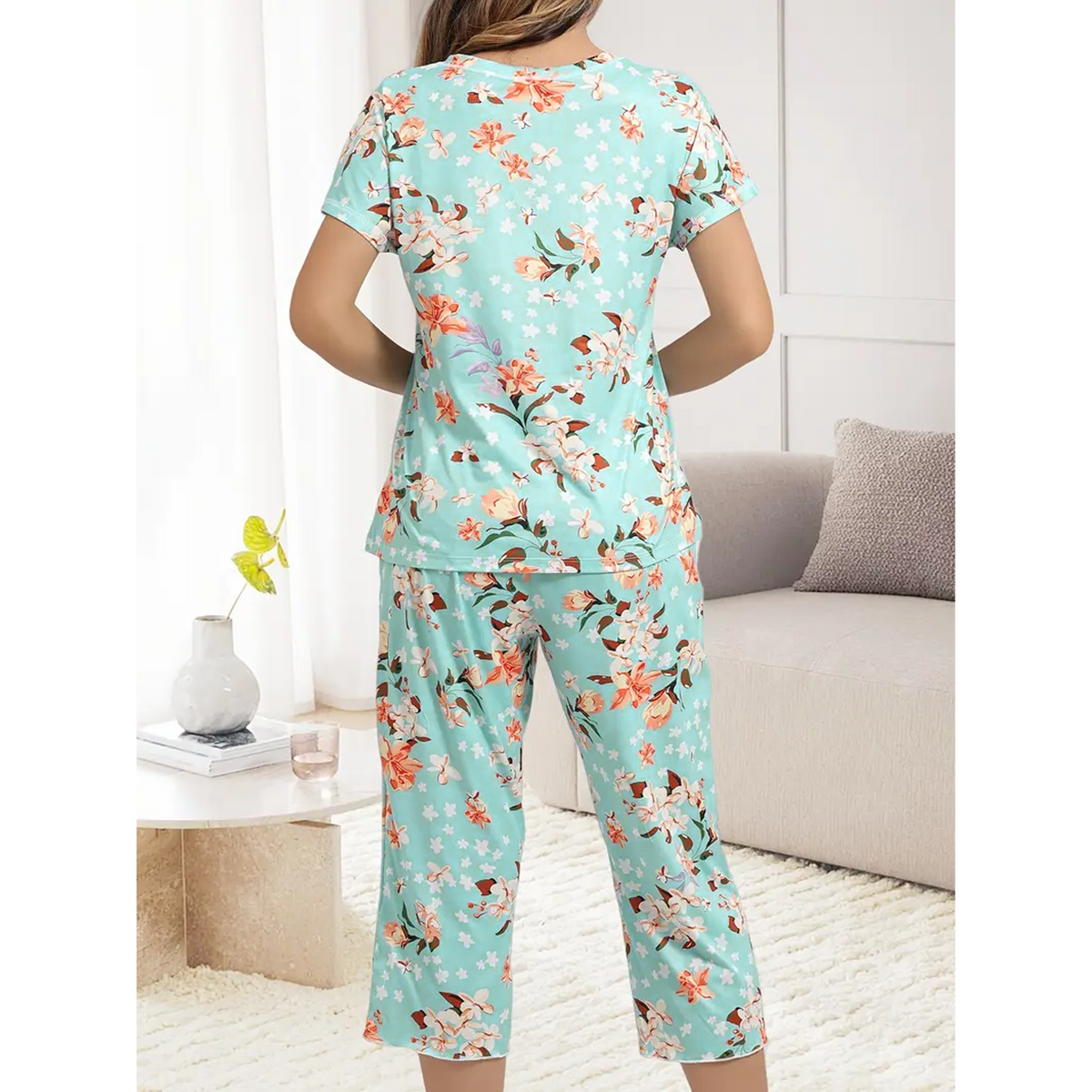 WQD Womens Pajama Sets Pj Set Floral Print Short Short Sleeve Top With Capri Pants Sleepwear 2 Piece Loungewear with Pockets