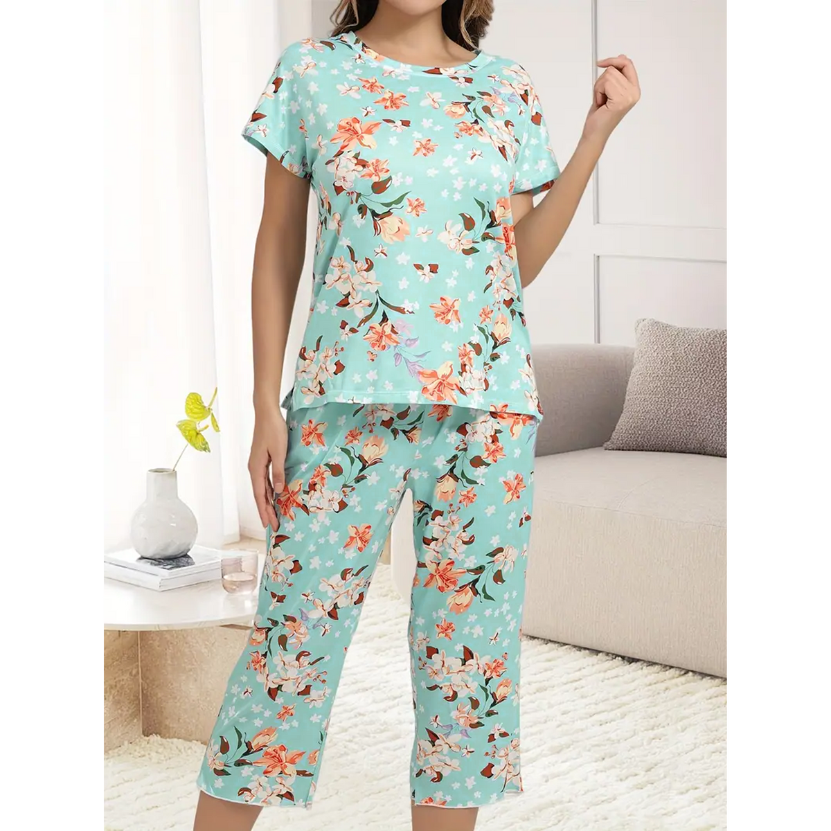 WQD Womens Pajama Sets Pj Set Floral Print Short Short Sleeve Top With Capri Pants Sleepwear 2 Piece Loungewear with Pockets
