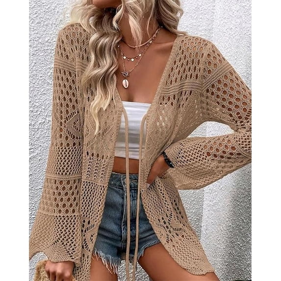 WQD Women Crochet Cardigan for Summer Spring Fall, Lightweight Oversized Tie Front Hollow Out Long Sleeves Kimono Boho Knit Beach Cover Up with Swimsuit, Bikini, Bathing Suit