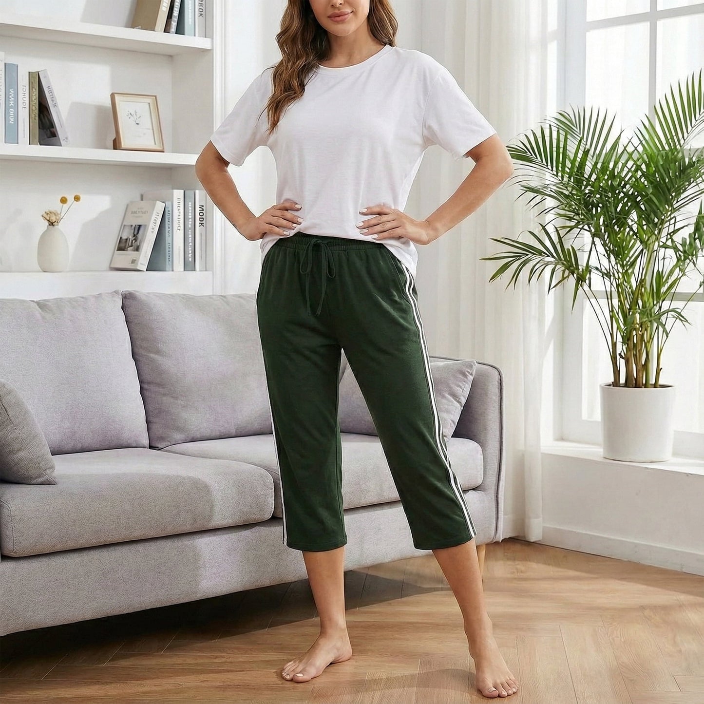 Women's Capri Yoga Pants Loose Soft High Waist Drawstring Workout Sweatpants Causal Lounge Pants Flared Leggings with Pockets for Summer