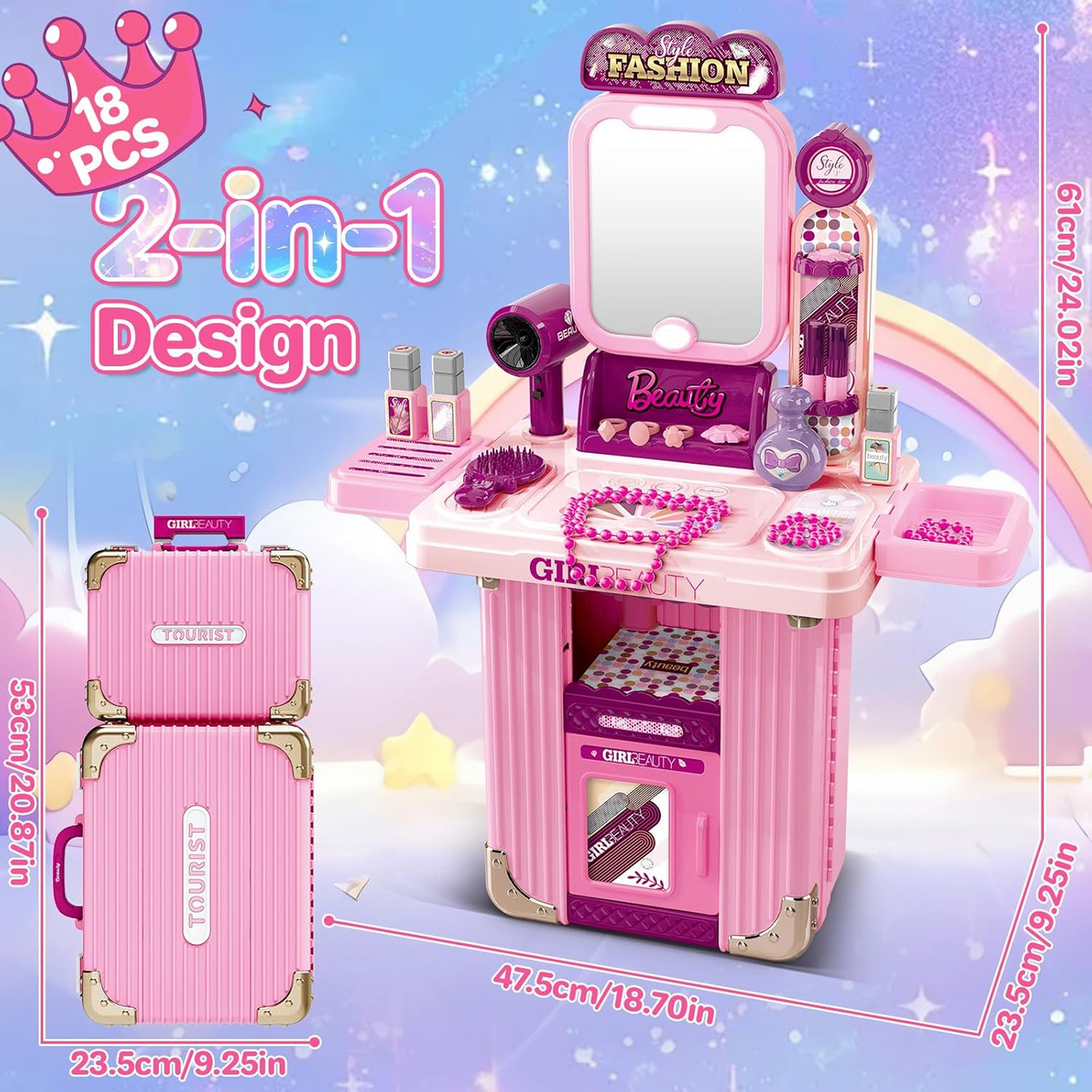 Flynow Toys Makeup Table Playset, Girls Dressup Pretend Play Princess for Toddler 1-3 Years Old, Kids Vanity Accessories 31pcs Set with Music Light, Christmas Birthday Gift for Age 2 4 5 6 7 8 9 10