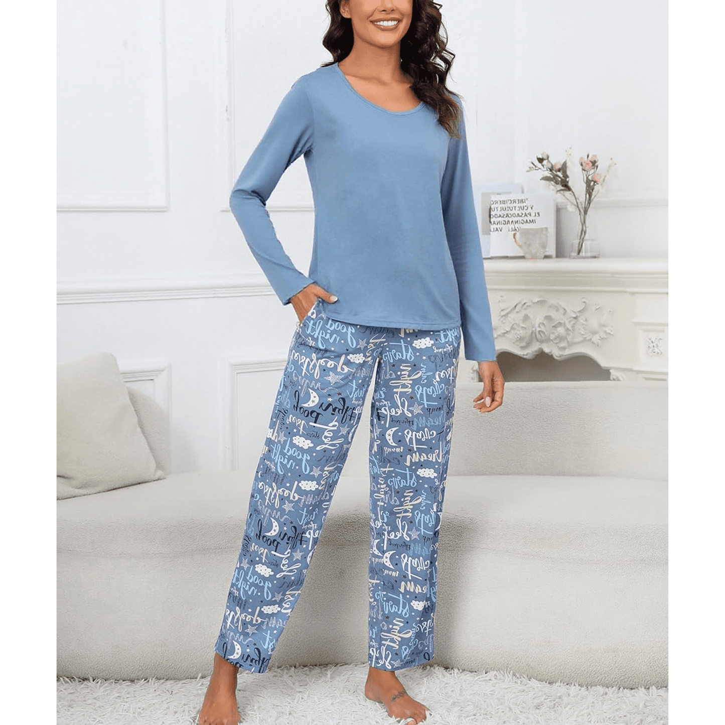 WQD Womens Pajama Sets 2 Piece Lounge Sets Soft Loungewear Comfy Pj Sets Long Sleeve Top and Pants Loose Sleepwear with Pockets for Fall Winter Spring