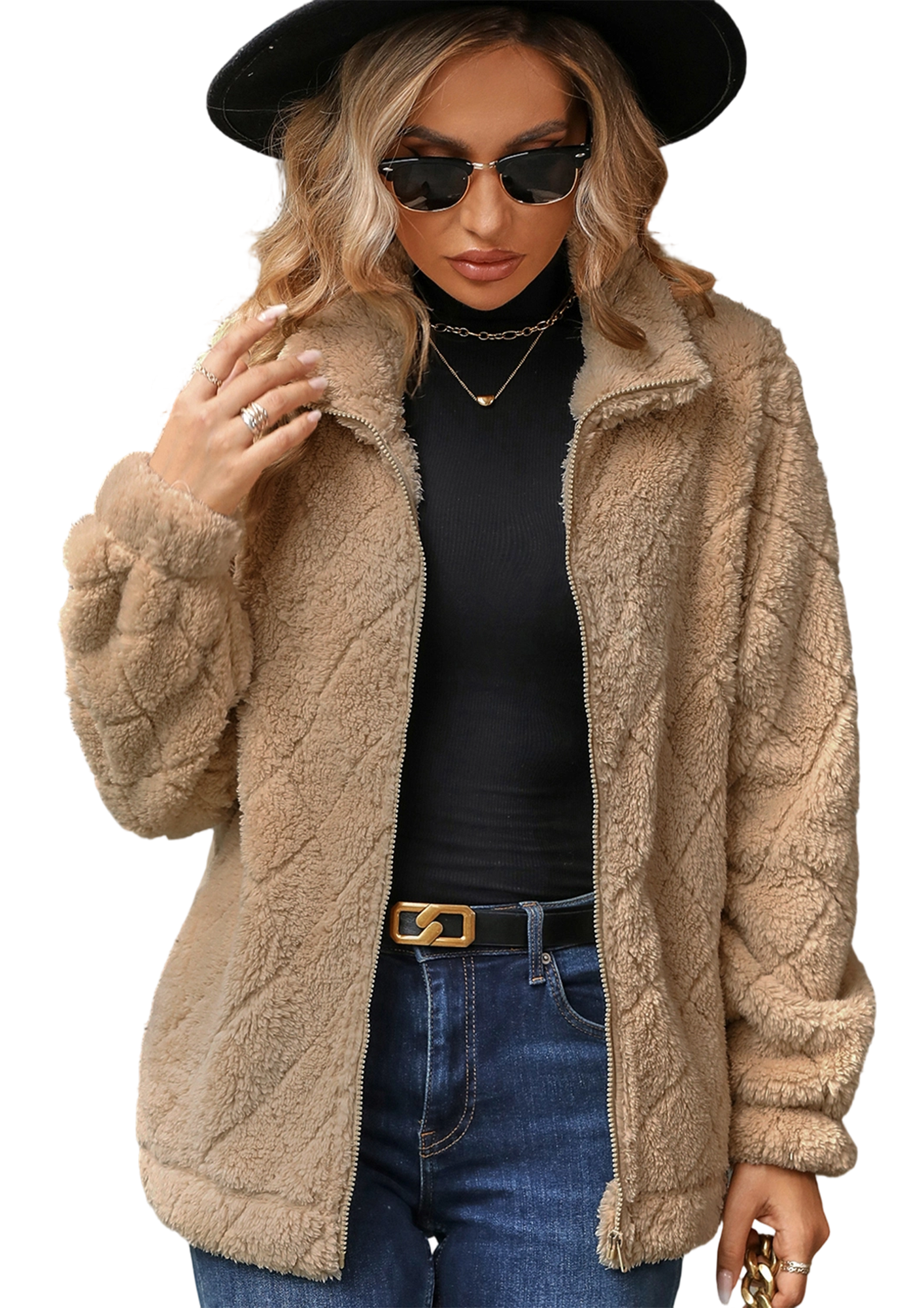WQD Womens Sherpa Fleece Zip Up Jacket Long Sleeve Stand Collar Warm Fuzzy Teddy Coat Casual Winter Outerwear Soft Cozy Plush Sweatshirt