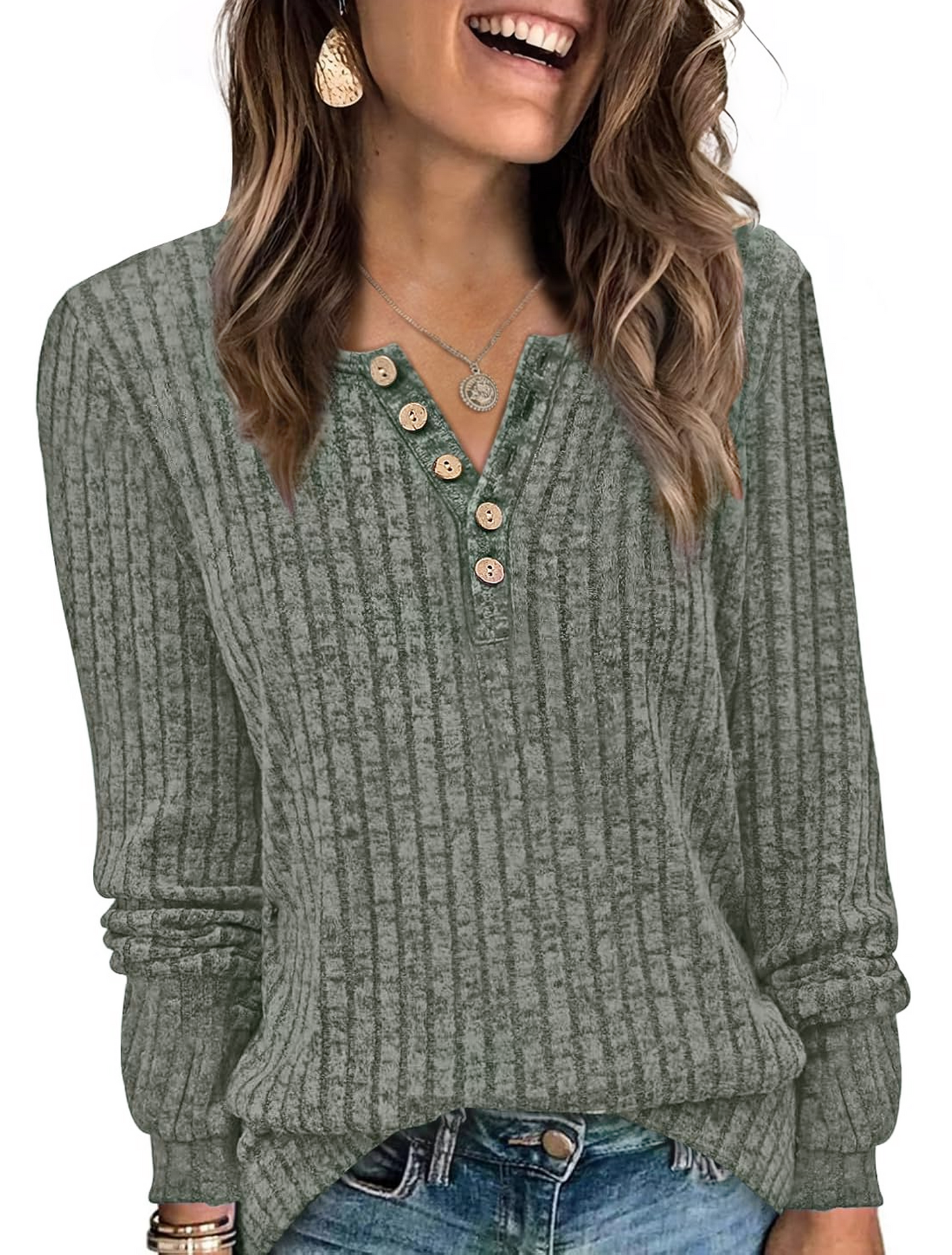 WQD Womens Sweater Long Sleeve Henley Shirts Loose Tunic Tops Casual Pullover Trendy Outfits for Fall Winter Spring (Available in Plus Size)