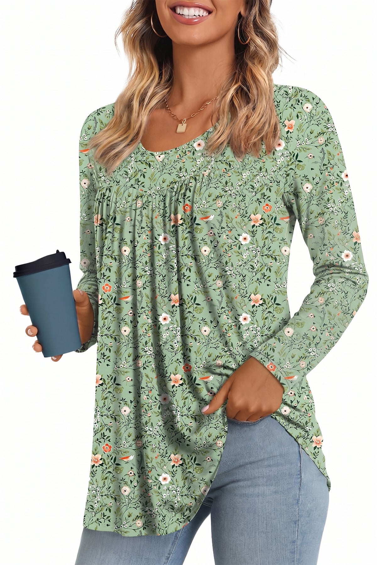 WQD Women's Long Sleeve Tunic Tops Floral Print Casual Crew Neck Pleated Blouse Loose Fit Flowy Shirts Dressy Casual Tops for Leggings S-4XL Plus Size