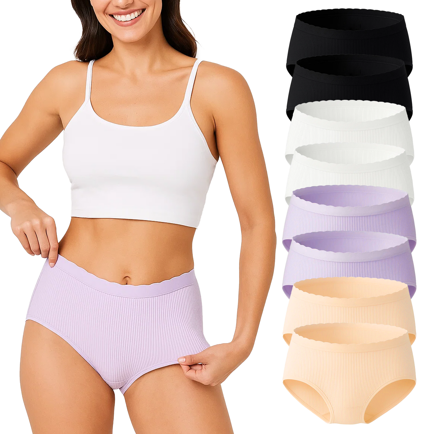 WQD Women's Underwear 8 Pack Ribbed Briefs Mid Rise Full Coverage Stretch Panties No Ride Up Soft Breathable Everyday Underwear
