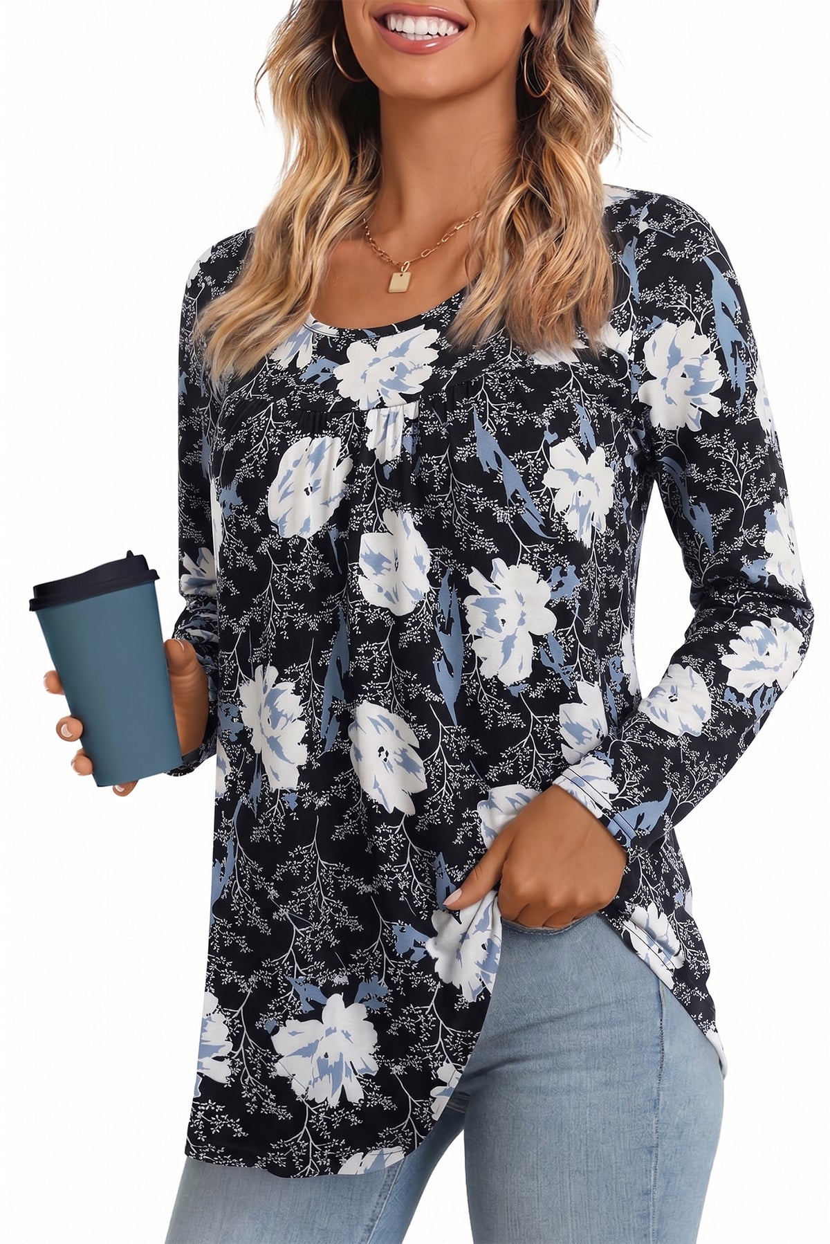 WQD Women's Long Sleeve Tunic Tops Floral Print Casual Crew Neck Pleated Blouse Loose Fit Flowy Shirts Dressy Casual Tops for Leggings S-4XL Plus Size