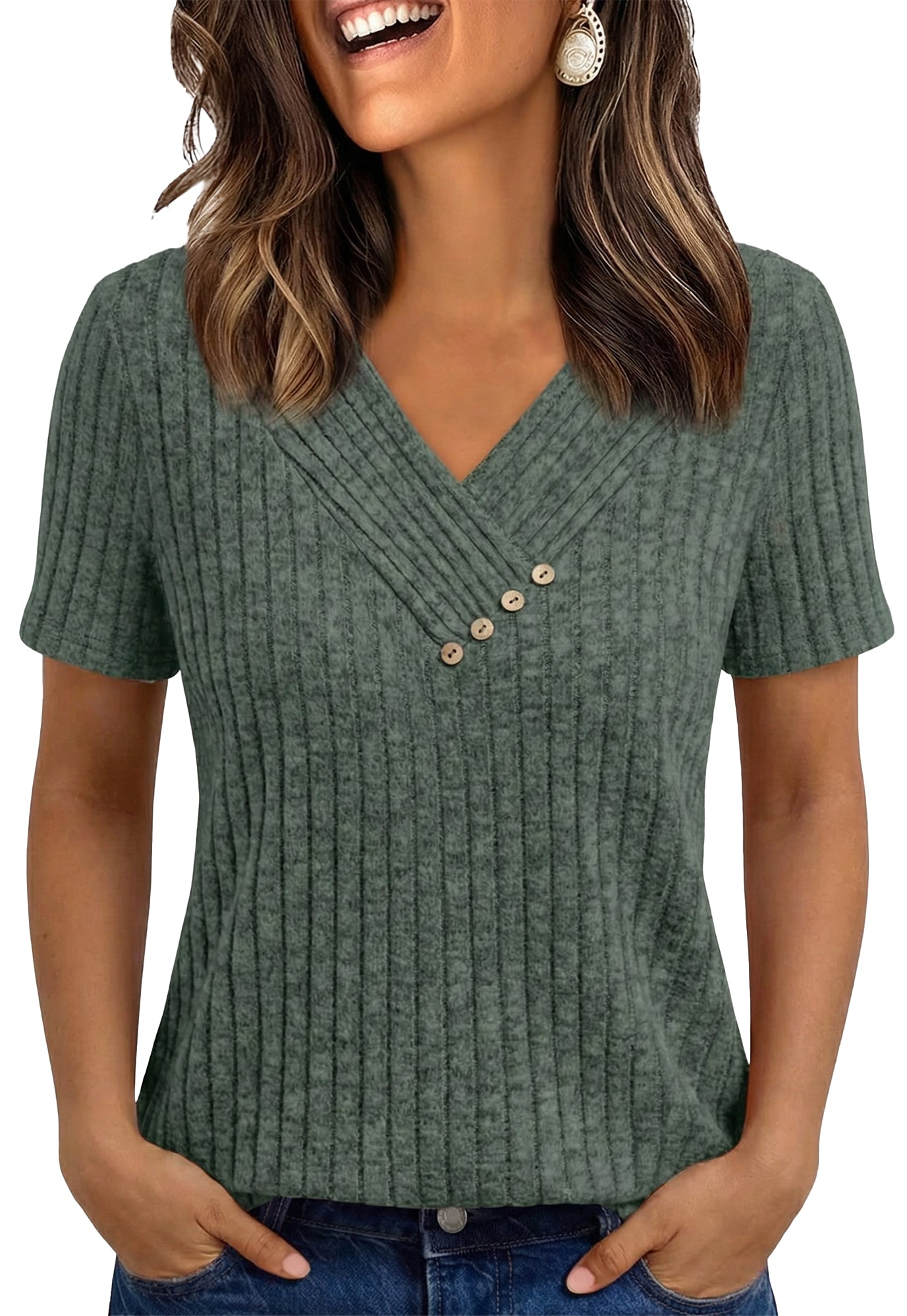 WQD Womens Summer Short Sleeve V Neck Tops Casual Tunic Shirts Button Detail Loose Fit T Shirts for Work Daily Wear Vacation