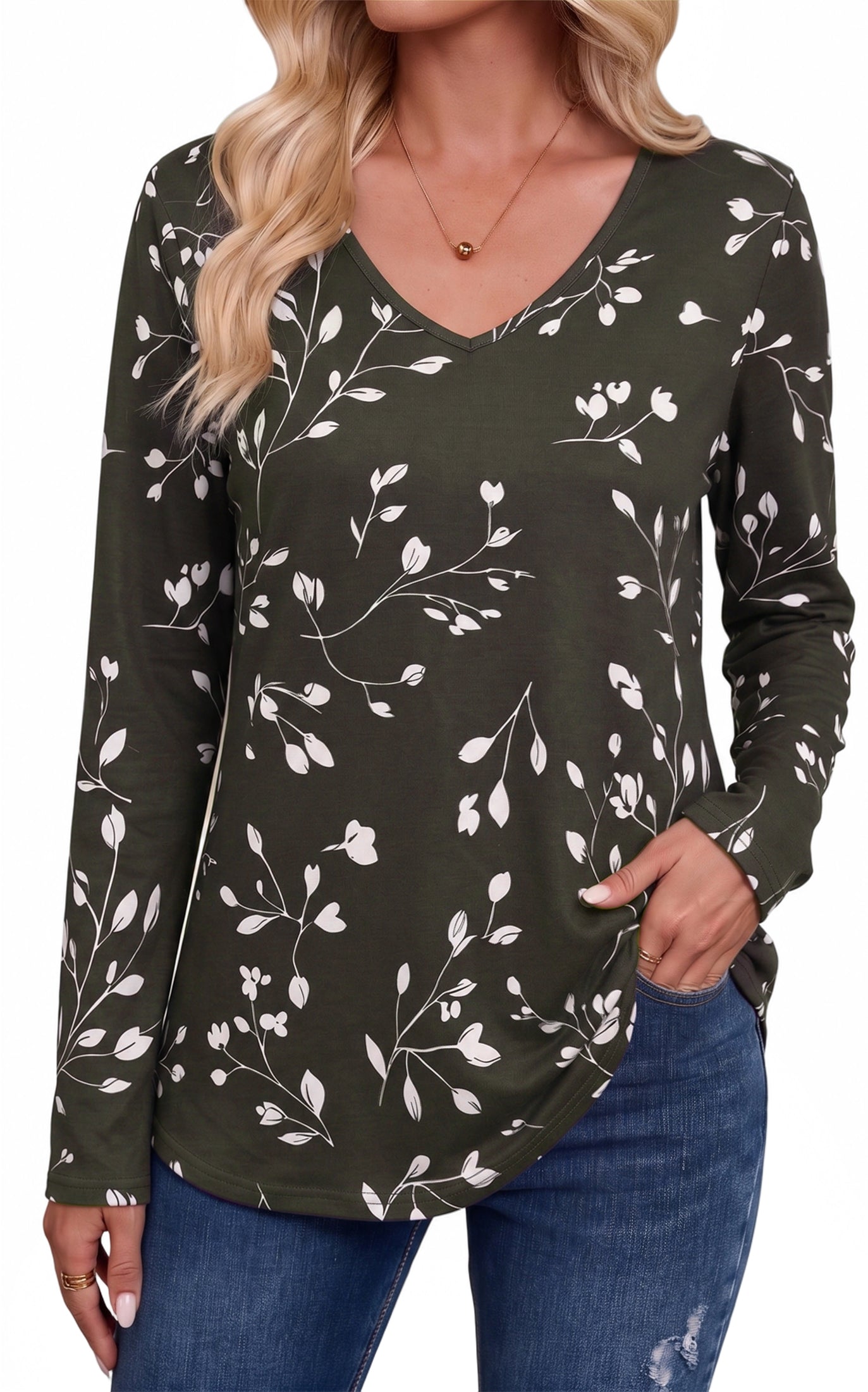 WQD Women's Long Sleeve Floral Tops V Neck Casual Tunic Shirts Lightweight Everyday Tops for Spring Fall Winter Including Plus Size