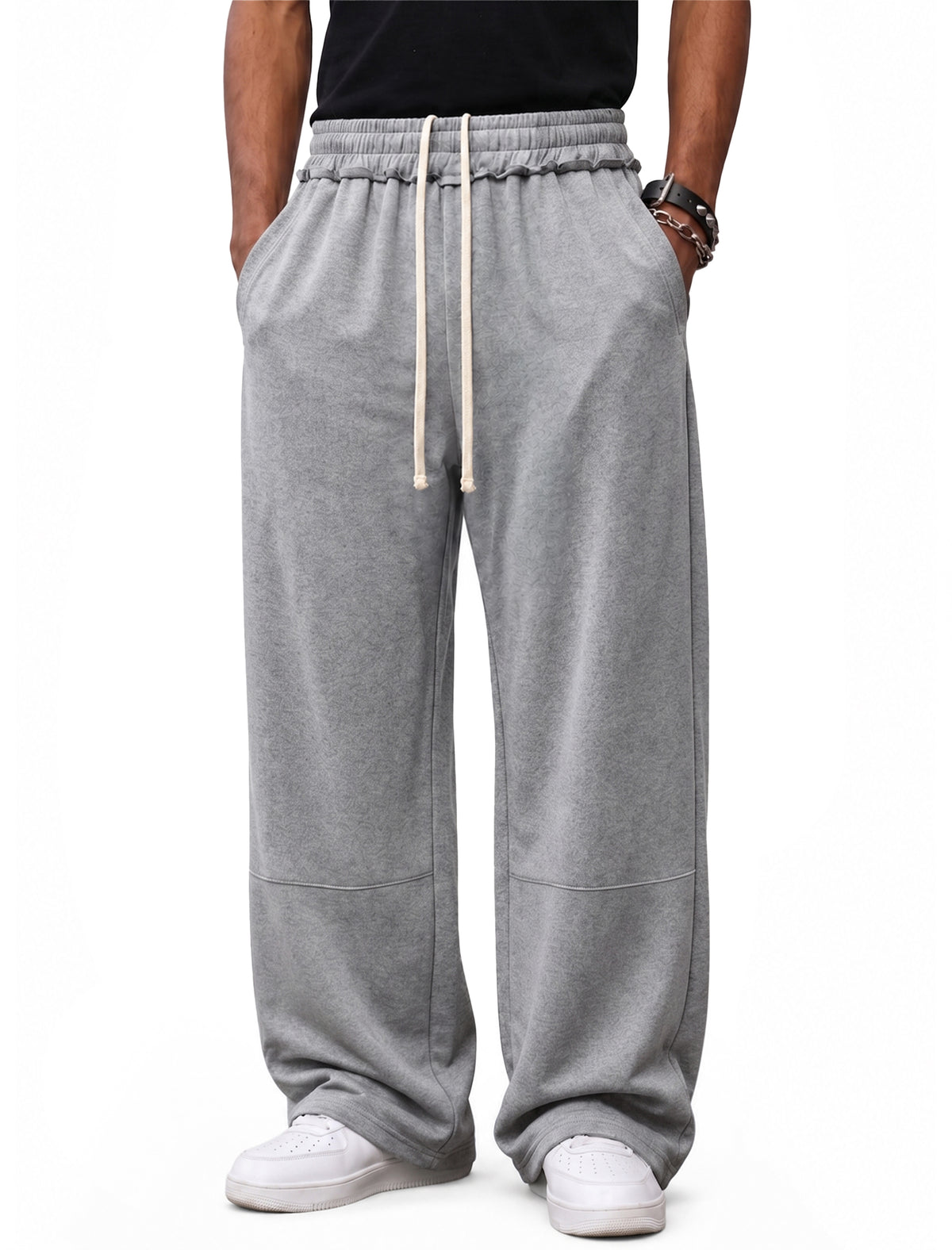 Mens Sweatpants Baggy Loose Fit Raw Hem Pants Casual Drawstring Pants Y2K Wide Leg Stretchy Pants with Pockets