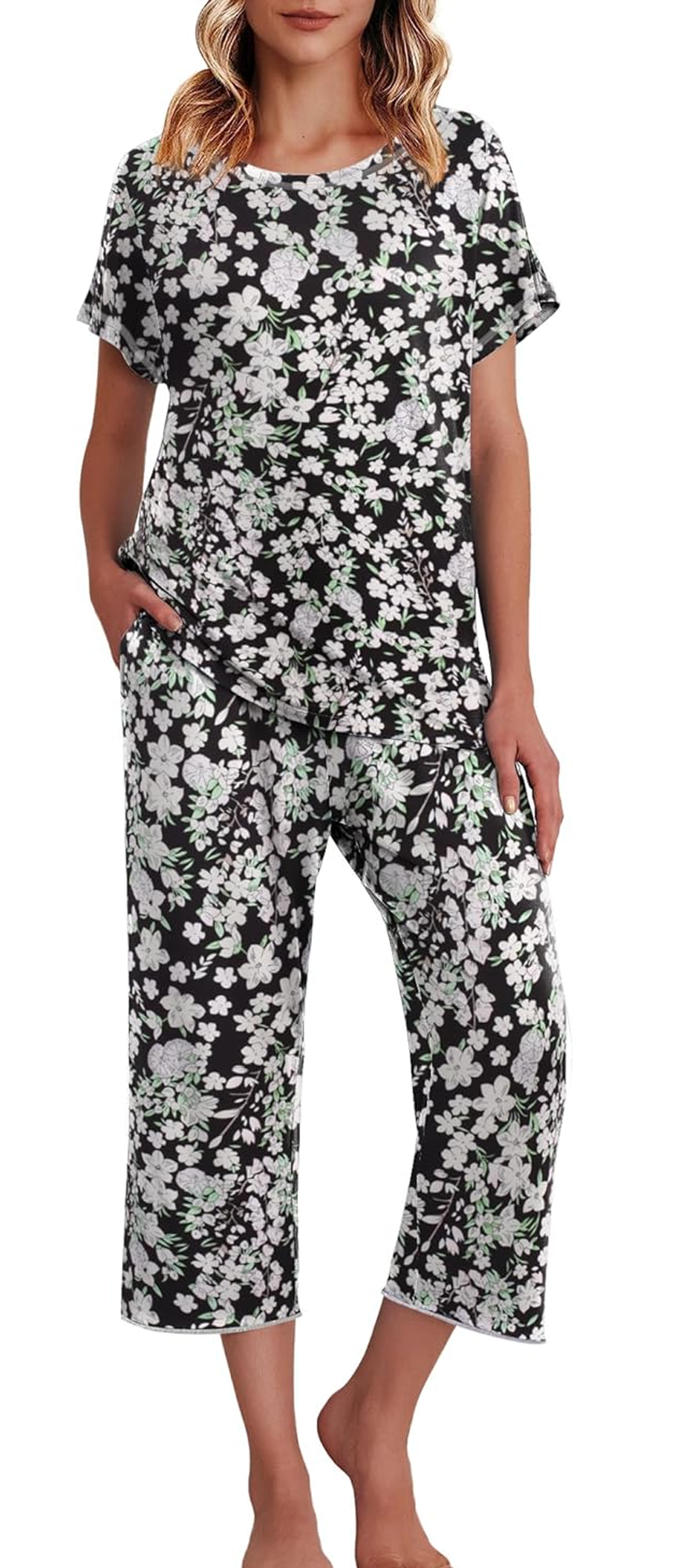 WQD Womens Pajama Sets Pj Set Floral Print Short Short Sleeve Top With Capri Pants Sleepwear 2 Piece Loungewear with Pockets