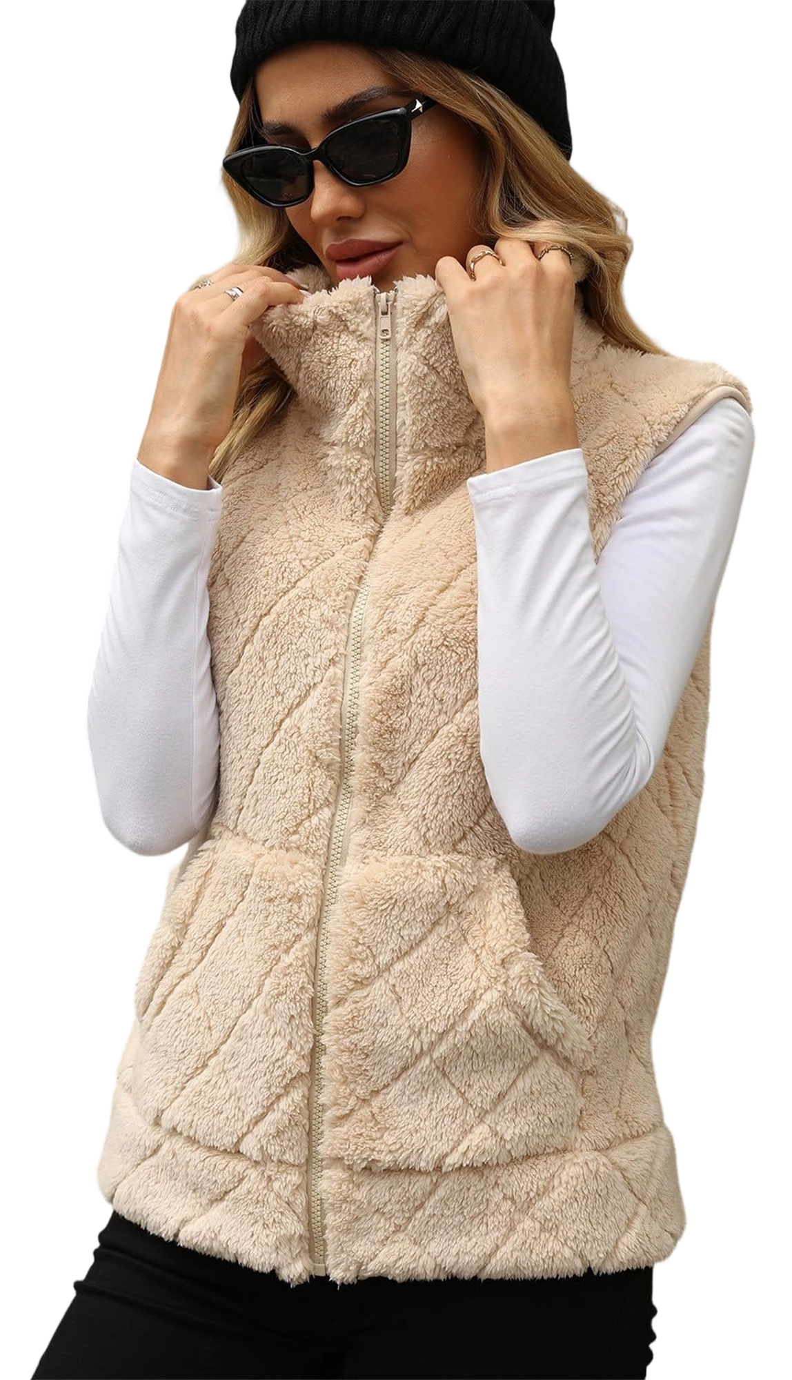 WQD Womens Fuzzy Fleece Vest Casual Sleeveless Zip Up Warm Sherpa Vest Jacket Cozy Waistcoat Outerwear with Pockets for Fall Winter Spring