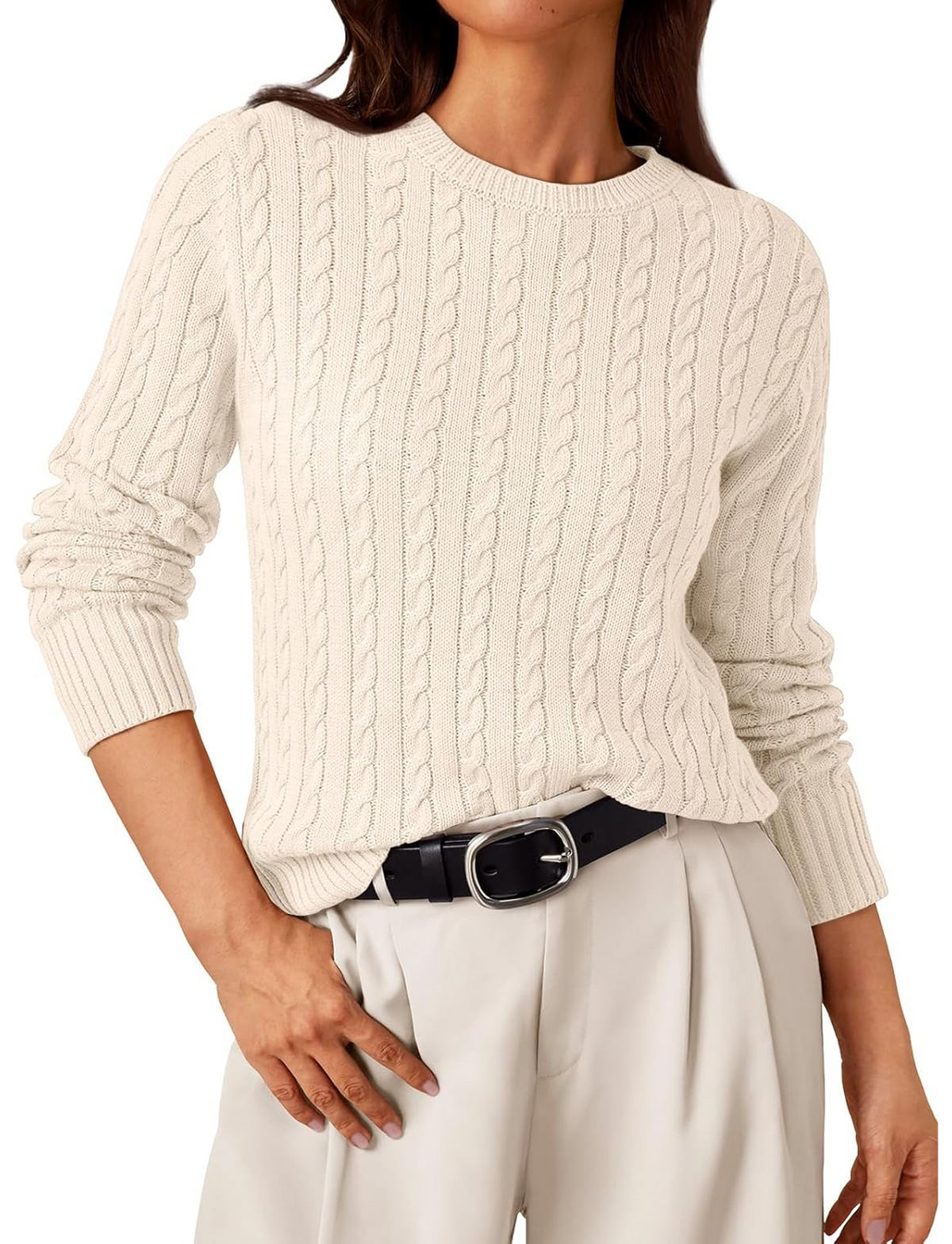 WQD Womens Sweaters Crew Neck Pullover Long Sleeve Cable Knitted Cozy Dressy Casual Ladies Fashion Tops Soft Business Trendy Classic Outfits for Spring Fall Winter