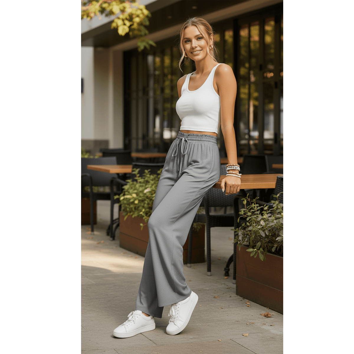 Women’s Casual Wide Leg Sweatpants Flowy Lounge Pants with Pockets Adjustable Tie Knot Elastic Waist Pajama Pants