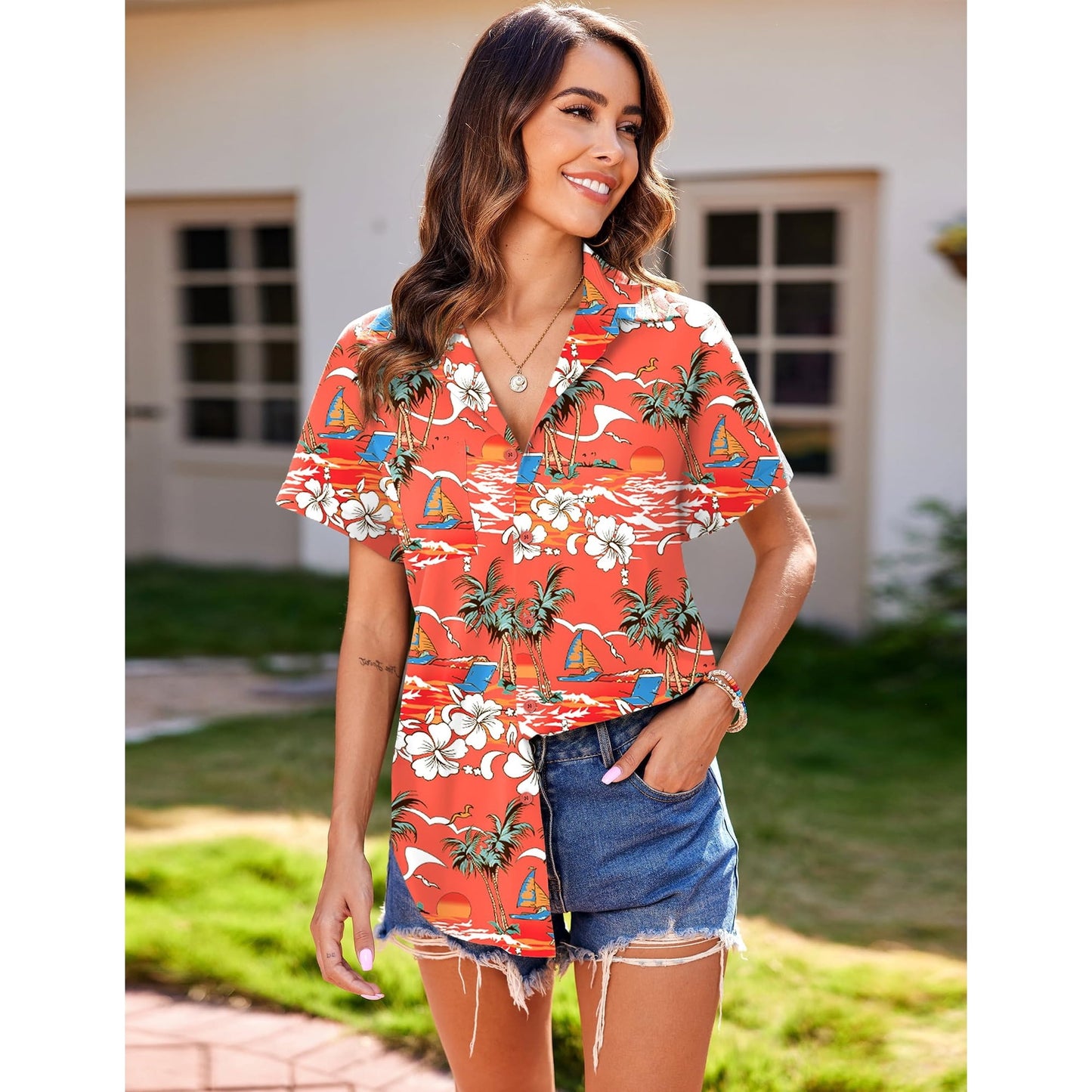 WQD Women’s Tropical Hawaiian Shirt Floral Print Button Up Short Sleeve Tops Summer Casual Beach Holiday Vacation Blouses Lightweight